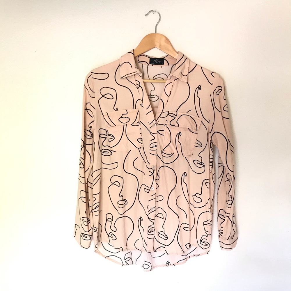 Milk & Honey Cream Line Art Button-Down Blouse - M